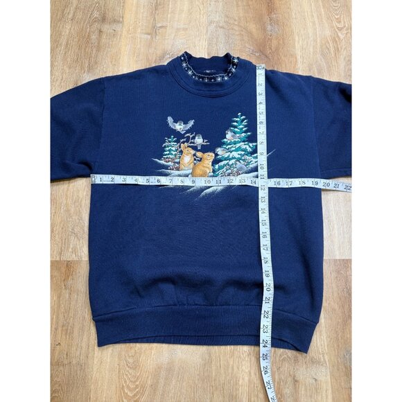 Vintage 90s Morning Sun Cottagecore Sweatshirt Bunnies Birds Print Mock Neck Med - Picture 4 of 5